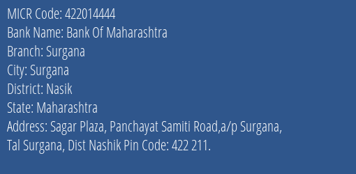 Bank Of Maharashtra Surgana Branch Address Details and MICR Code 422014444