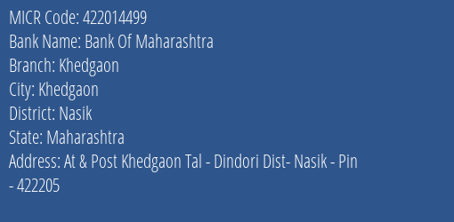 Bank Of Maharashtra Khedgaon Branch Address Details and MICR Code 422014499