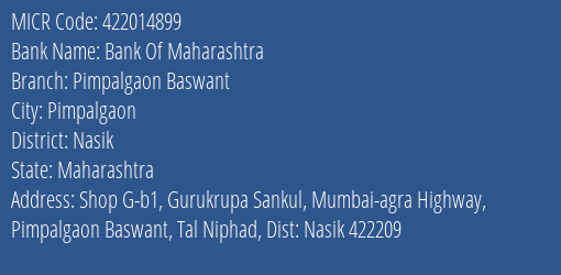 Bank Of Maharashtra Pimpalgaon Baswant Branch Address Details and MICR Code 422014899