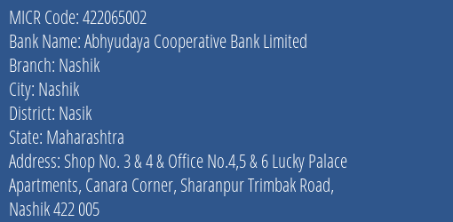 Abhyudaya Cooperative Bank Limited Nashik MICR Code
