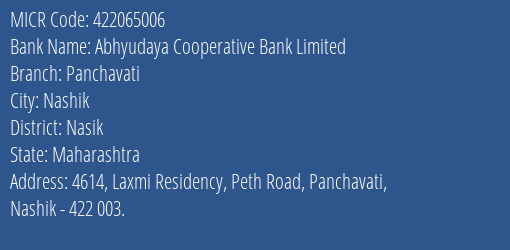 Abhyudaya Cooperative Bank Limited Panchavati MICR Code