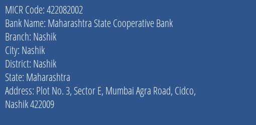 Maharashtra State Cooperative Bank Nashik MICR Code
