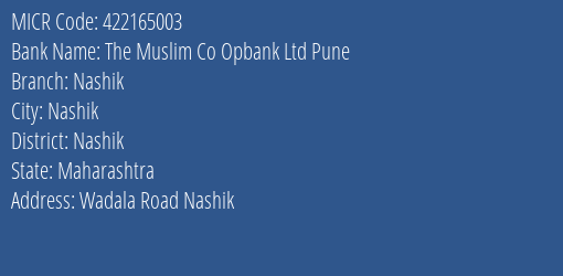 The Muslim Co Opbank Ltd Pune Nashik MICR Code