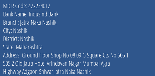 Indusind Bank Jatra Naka Nashik MICR Code