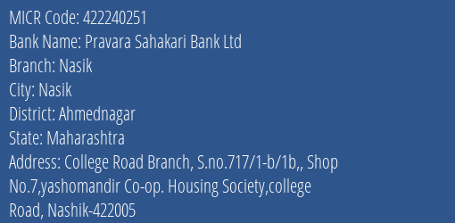 Pravara Sahakari Bank Ltd Nasik MICR Code