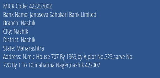 Janaseva Sahakari Bank Limited Nashik MICR Code