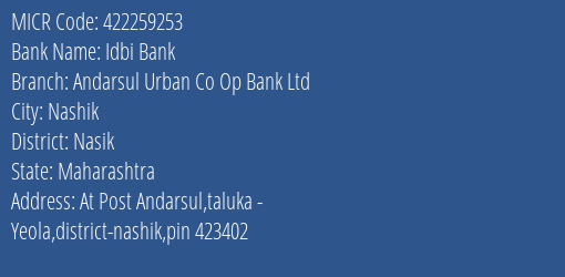 Andarsul Urban Co Op Bank Ltd Nashik MICR Code