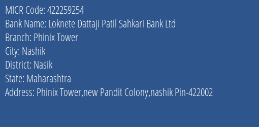 Loknete Dattaji Patil Sahkari Bank Ltd Phinix Tower MICR Code