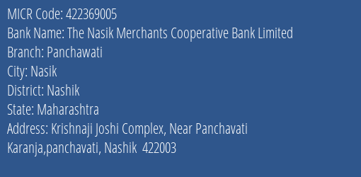 The Nasik Merchants Cooperative Bank Limited Panchawati MICR Code