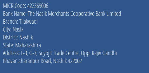 The Nasik Merchants Cooperative Bank Limited Tilakwadi MICR Code