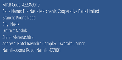 The Nasik Merchants Cooperative Bank Limited Poona Road MICR Code
