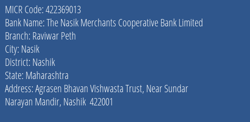 The Nasik Merchants Cooperative Bank Limited Raviwar Peth MICR Code