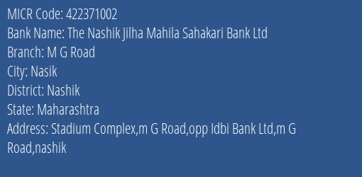 The Nashik Jilha Mahila Sahakari Bank Ltd M G Road MICR Code