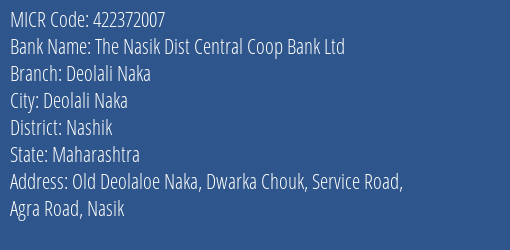 The Nasik Dist Central Coop Bank Ltd Deolali Naka MICR Code