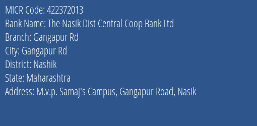 The Nasik Dist Central Coop Bank Ltd Gangapur Rd MICR Code