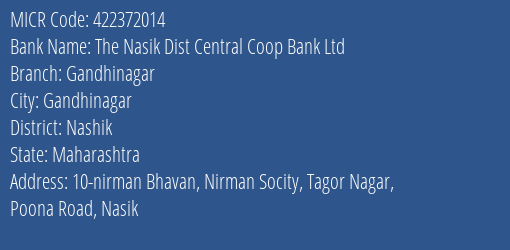The Nasik Dist Central Coop Bank Ltd Gandhinagar MICR Code