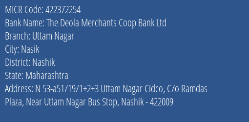 The Deola Merchants Coop Bank Ltd Uttam Nagar MICR Code