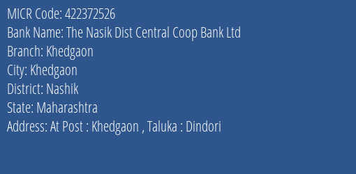 The Nasik Dist Central Coop Bank Ltd Khedgaon MICR Code