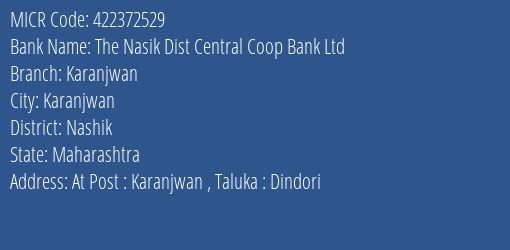 The Nasik Dist Central Coop Bank Ltd Karanjwan MICR Code