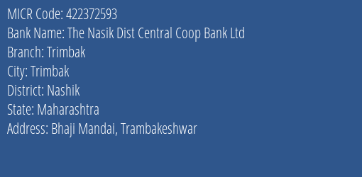 The Nasik Dist Central Coop Bank Ltd Trimbak MICR Code