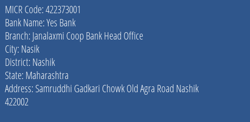 Janalaxmi Coop Bank Head Office MICR Code