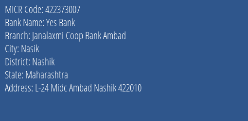 Janalaxmi Coop Bank Ambad MICR Code
