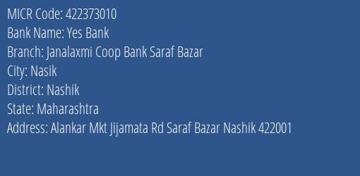 Janalaxmi Coop Bank Saraf Bazar MICR Code