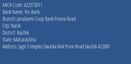 Janalaxmi Coop Bank Poona Road MICR Code