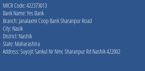 Janalaxmi Coop Bank Sharanpur Road MICR Code
