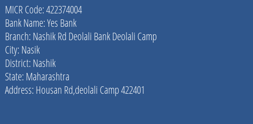 Nashik Rd Deolali Bank Deolali Camp MICR Code