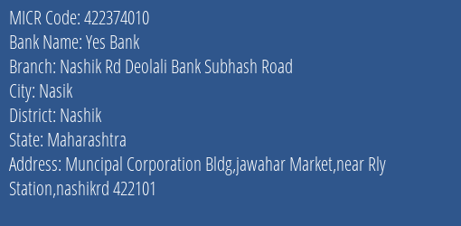 Nashik Rd Deolali Bank Subhash Road MICR Code