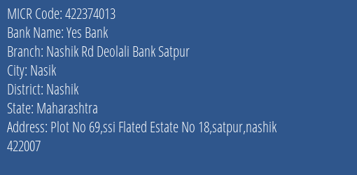 Nashik Rd Deolali Bank Satpur MICR Code