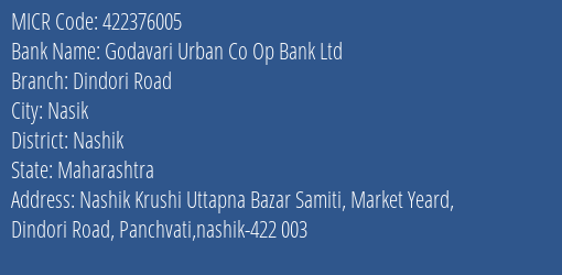 Godavari Urban Co Op Bank Ltd Dindori Road MICR Code