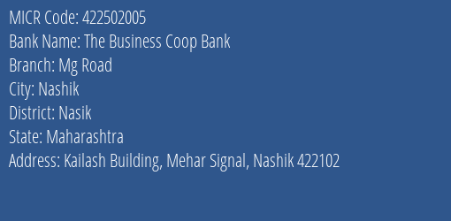 The Business Coop Bank Mg Road MICR Code