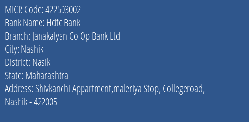 Janakalyan Co Op Bank Ltd College Road MICR Code