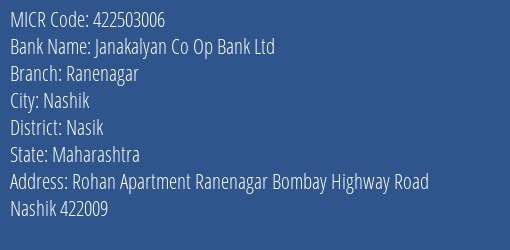 Janakalyan Co Op Bank Ltd Ranenagar MICR Code