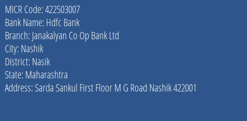 Janakalyan Co Op Bank Ltd Sarda Sankul MICR Code