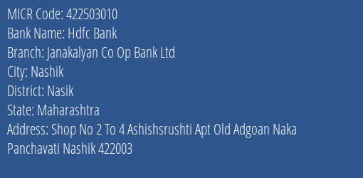Janakalyan Co Op Bank Ltd Old Adgoan Naka Panchavati MICR Code