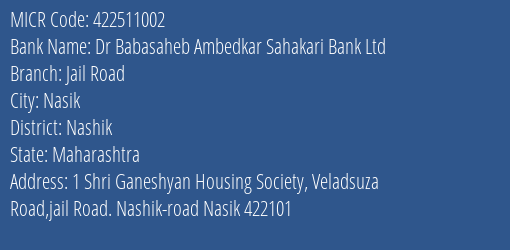 Dr Babasaheb Ambedkar Sahakari Bank Ltd Jail Road MICR Code