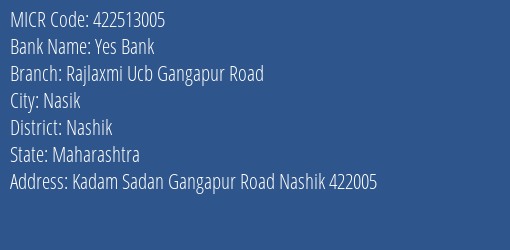 Rajlaxmi Urban Coop Bank Gangapur Road MICR Code
