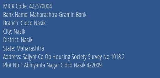 Maharashtra Gramin Bank Cidco Nasik MICR Code