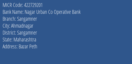Nagar Urban Co Operative Bank Sangamner MICR Code