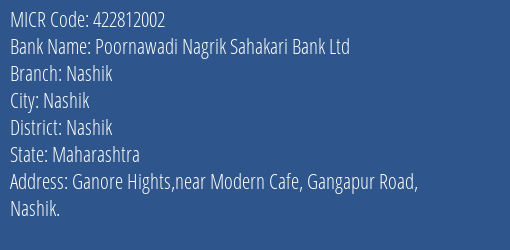 Poornawadi Nagrik Sahakari Bank Ltd Nashik MICR Code