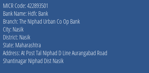 The Niphad Urban Co Op Bank Nasik MICR Code