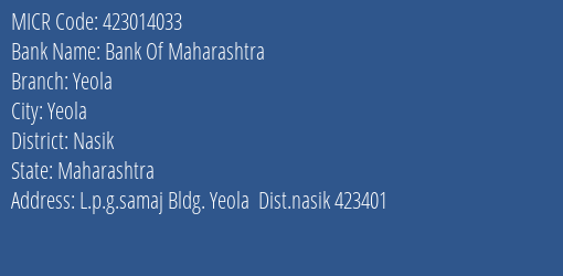 Bank Of Maharashtra Yeola MICR Code