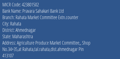 Pravara Sahakari Bank Ltd Rahata Market Committee Extn.counter MICR Code