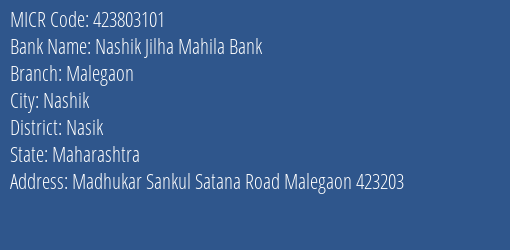 Nashik Jilha Mahila Bank Malegaon MICR Code