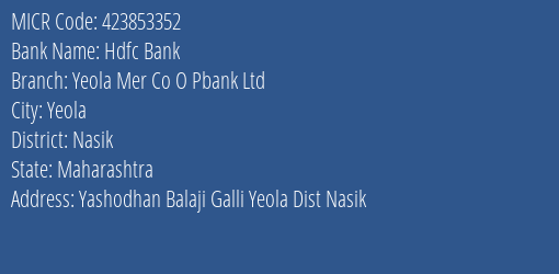 Yeola Mer Co O Pbank Ltd Yashodhan MICR Code