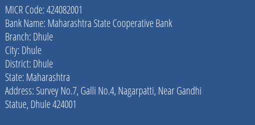 Maharashtra State Cooperative Bank Dhule MICR Code