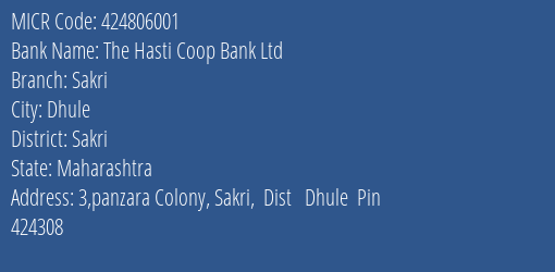 The Hasti Co Op Bank Ltd 1350 Lane No 5th Nagarpatti Dhule. Pin 424001 MICR Code